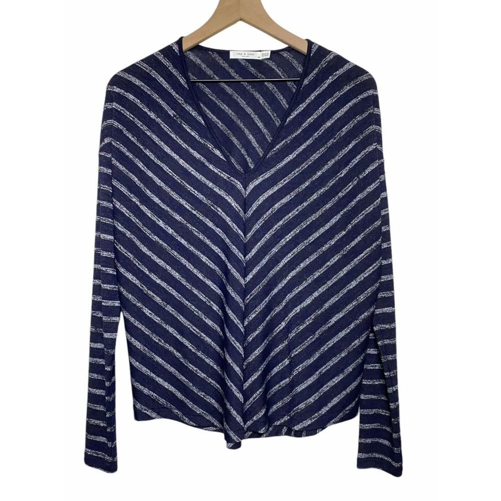 Rag & Bone‎ Womens Hudson Top Sz S Blue Gray Striped Long Sleeve V-Neck Tee